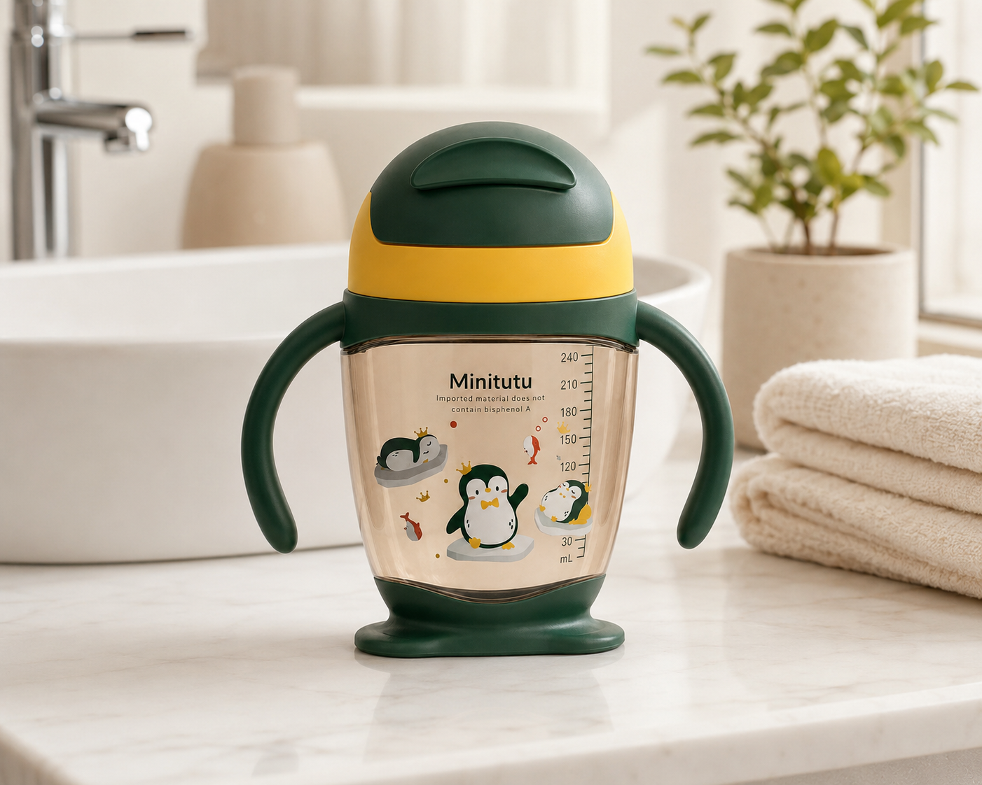 Minitutu Penguin Dual-Use Water Cup 300ml CB813-1 – Yellow-Green, 12+ Months